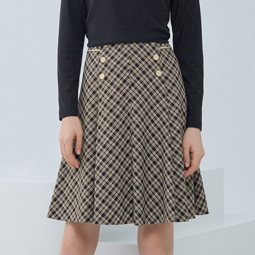 ILEY伊蕾 雙排扣造型格紋中長裙(卡其色；M-XL)1233082115