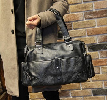 FINDSENSE Z1 韓國 時尚 潮 男 黑色 皮質 商務 橫款 手提包 單肩包 側背包 旅行包 旅行袋