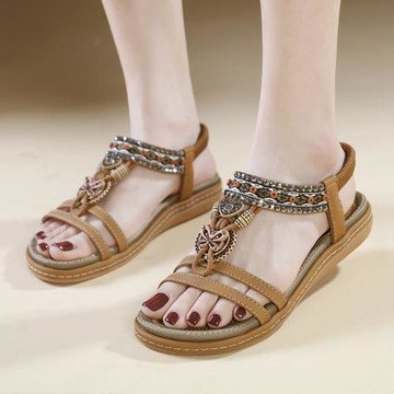 2025年新款厚底平跟涼鞋女仙女風低跟百搭水鉆波西米亞風涼鞋夏季