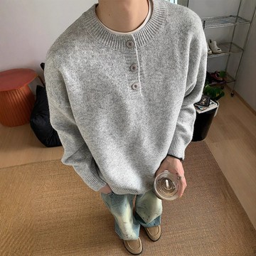 灰色美式復古亨利領毛衣男秋冬款慵懶風感針織衫cleanfit外套鑫弘-衣錦男裝