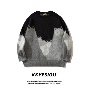 KKyesiou設計感貓咪拼色情侶針織衫男女美式復古學院風寬松bf毛衣
