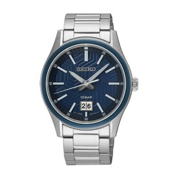 SEIKO 質感刻紋時尚腕錶-銀X藍-SUR559P1