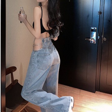 ins網紅同款chic慵懶寬松百搭露腰鏈條鏤空哈倫喇叭闊腿牛仔褲女