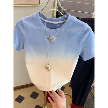 南油設計師自留款潮短款撞色漸變正肩短袖t恤小個子休閑顯瘦上衣