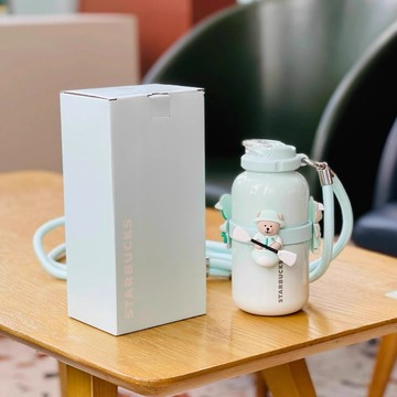 星巴克杯子2026新年禮物夏小清新薄荷綠慢運動熊兒童店長斜挎杯套不鏽鋼茶濾保溫杯子