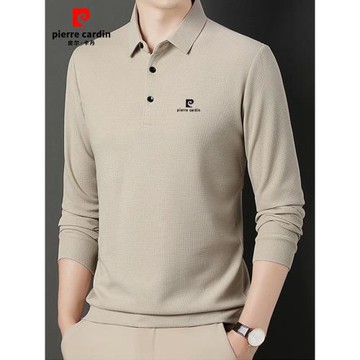 皮爾卡丹男士桑蠶絲長袖t恤2025春秋新款中年商務休閑翻領polo衫