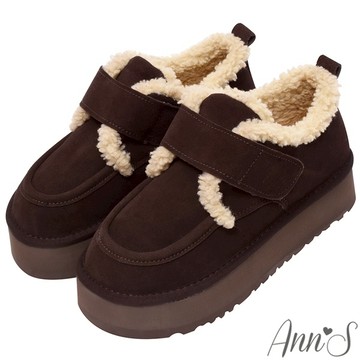 Ann’S防潑水鍍膜-真皮真羊毛魔鬼氈毛毛滾邊厚底雪靴4.5cm-咖