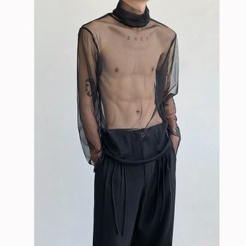 【臺灣有貨】實拍 性張力穿搭上衣t恤禁慾系男裝透視網紗鏤空髮型師潮牌性感打底衫