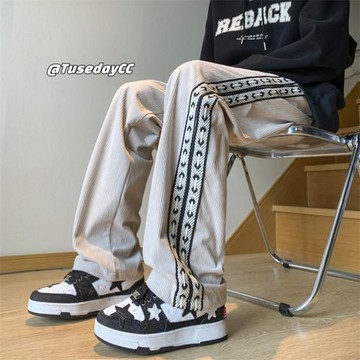 男生褲子春秋2024新款直筒休閑褲男美式復古燈芯絨闊腿褲運動衛褲