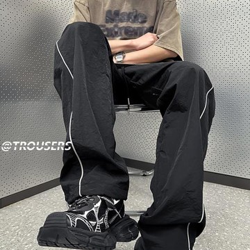 美式高街機能沖鋒褲男側條紋潮牌oversize防水戶外登山直筒褲子秋