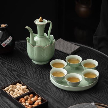 溫酒壺套裝加熱茶杯酒杯清酒汝窯陶瓷白酒黃酒燙酒壺家用圍爐煮酒