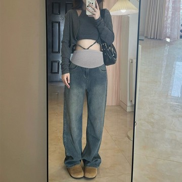 孕婦褲子冬季外穿牛仔褲秋冬裝2024新款小個子加絨加厚打底闊腿褲鑫弘-素時衣櫥