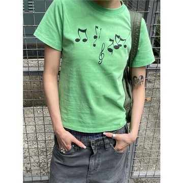 MMBBT原創音符水洗做舊短袖t恤女新款夏季短款圓領正肩休閑上衣