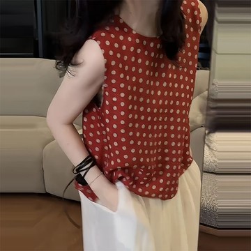 設計感波點撞色襯衫減齡薄款無袖減齡顯白上衣韓系洋氣新款小衫女 波點無袖上衣 磚紅色復古上衣 氣質女裝 設計感女裝