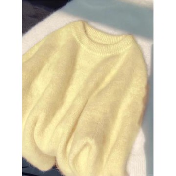 寬松慵懶風奶黃色馬海毛毛衣女秋冬軟糯外穿奶fufu針織上衣加厚