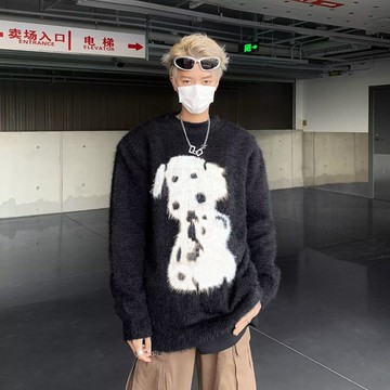 圓領小狗長袖毛衣男秋冬新款休閒百搭寬鬆保暖上衣男