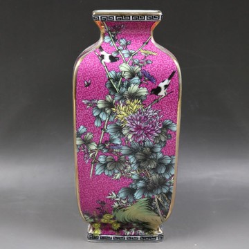 清乾隆琺瑯彩四季花鳥四方瓶仿古瓷器家居復古裝飾擺件古玩收藏1入