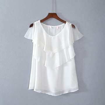 夏款女裝短袖寬松雙層V領純色青春T恤衫上衣服氣質