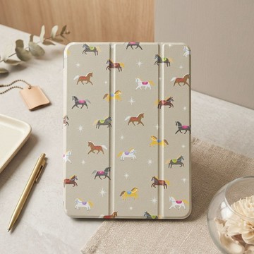 附筆槽手帳型 iPad 保護殼【駿馬散落】三折式支架軟皮套