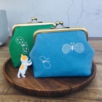 小插畫時代手工制作蝴蝶刺繡復古綠無孔口金零錢包隨身收納鑰匙卡