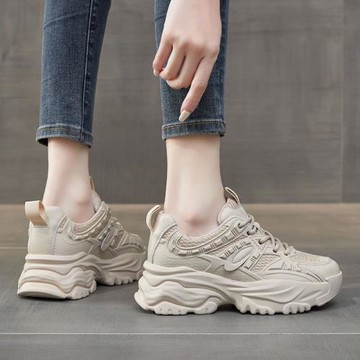 老爹鞋女杏色2023秋季新款女鞋子厚底女款夏網面透氣運動鞋顯腳小