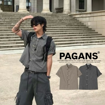 【PAGANS STORE】韓國 美式 消防扣 設計 格子 寬短版 飛機扣 格紋 短版 短袖 襯衫 (2 color)