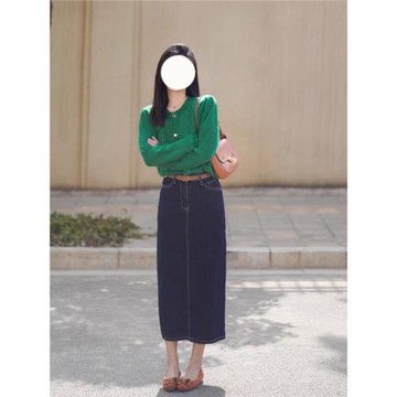 早秋牛仔裙半身裙中長款高腰后開叉a字裙2025新款深藍色直筒裙女