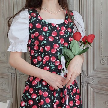 熙醬手工制作復古大擺櫻桃美式棉布背心裙少女感短款連衣裙1入