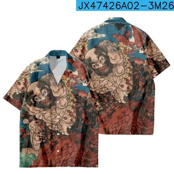浮世繪日系個性黑道紋身短袖襯衫夏季半袖沙灘夏威夷襯衣大碼寬松