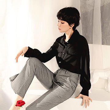 不易皺毛邊拼接開襟長袖襯衫上衣-OB嚴選