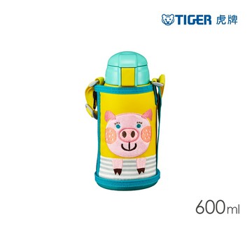 【TIGER虎牌】背帶2way_吸管彈蓋兒童水壺不鏽鋼保溫瓶 600ml(MBR-T06G 小豬)
