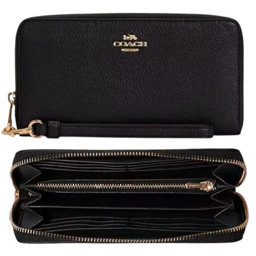 COACH 金標馬車LOGOㄇ型拉鍊可拆手拿荔枝皮長夾－氣質黑