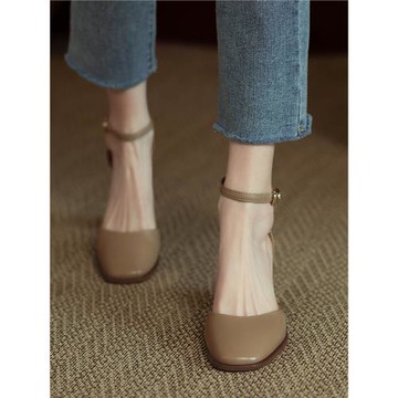 復古中空包頭高跟涼鞋女2025春夏季新款一字扣帶粗跟方頭百搭單鞋