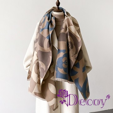 【Decoy】山茶花小香風雙面印花加厚仿羊絨保暖披肩圍巾/卡其藍