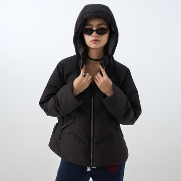 時尚抽繩帽可拆羽絨外套(黑色)-女