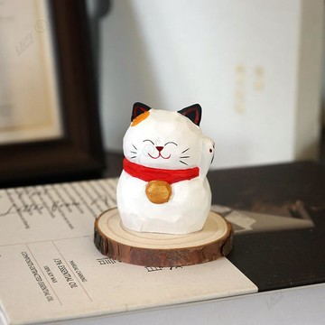 木質招財貓擺件鈴鐺貓咪手工木雕小擺件可愛木質雕刻書桌裝飾品