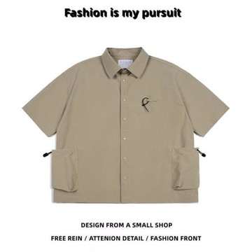 復古日系純色工裝短袖襯衫男潮流簡約夏季個性bf百搭戶外休閑襯衣