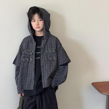 【中大男童】黑白格T恤+外套2件套裝