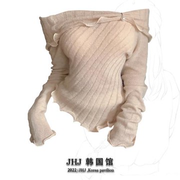 法式高級感一字肩長袖針織衫女秋冬不規則辣妹上衣性感氣質打底衫