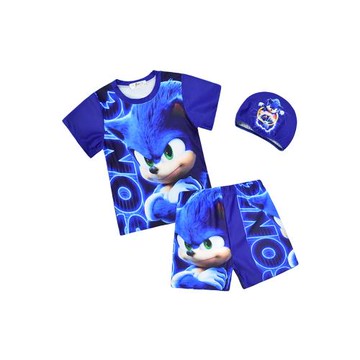 音速小子男童分體泳衣褲帶帽三件套兒童泳裝數碼印花新款2023夏季