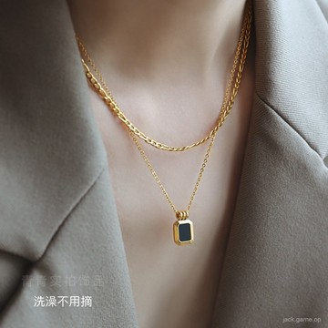 【鈦鋼不褪色】黑色方塊金塊黑金貝殻港風時尚博主雙層閨蜜項鏈