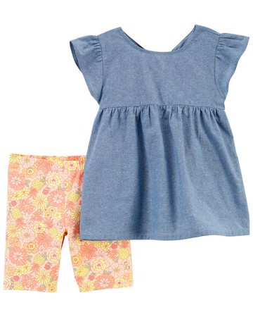 Kid 2-Piece Chambray Top & Floral Bike Shorts