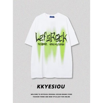 KKyesiou美式復古扎染字母潮牌男女上衣oversize情侶嘻哈短袖T恤