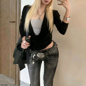 辣妹假兩件蕩領長袖t恤女裝秋季修身撞色上衣顯瘦打底衫