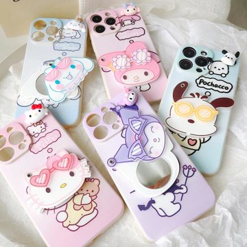 可愛卡通適用iPhone16蘋果14手機殼12創意補妝鏡子15promax網紅xs全包7/8plus軟殼xr硅膠14pro女款15mini個性
