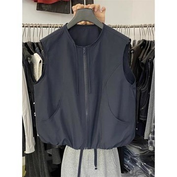 韓國東大門26秋裝新款圓領系帶韓版休閑拉鏈百搭馬甲無袖坎肩上衣