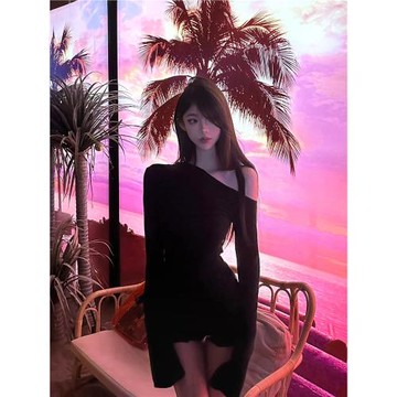 Itt7 Studi不規則辣妹斜肩設計多巴胺長袖上衣打底衫女秋季百搭款