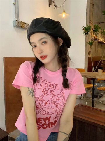 純欲辣妹短袖t恤女夏設計感小眾不規則高腰短款別致印花修身上衣