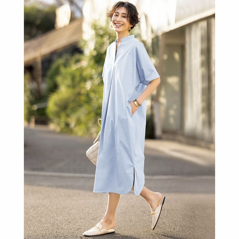 ストレッチコットン キーネックワンピース サックス ドゥクラッセ Doclasse Www Esyav Com
