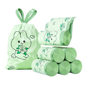 荷生活 卡通印花免撕手提式垃圾袋 加大加厚強韌耐拉伸抽繩束口垃圾袋-100只裝1入